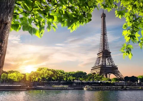 Sunset over Paris with the view on Eiffel Tower and river Seine, France Stock Photos