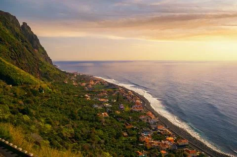 Sunset over Paul Do Mar coastal village in the Madeira Islands, Portugal Fotos de archivo