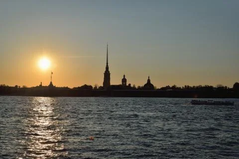 Sunset over Peter and Paul fortress on the Neva river Stock Photos