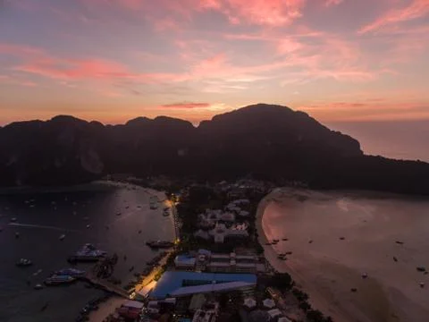 Sunset Over Phi Phi Don Island, Thailand, Aerial Drone Shot Stock Photos