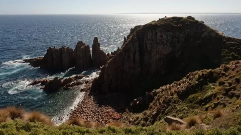 Sunset Over The Pinnacles Lookout, Cape Woolamai - Dramatic Coastal Cliffs .. Stock Footage 312065914