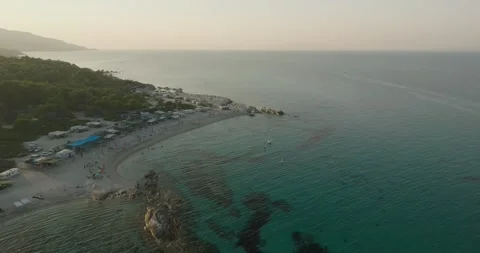 A Sunset Over Platanitsi Blue Lagoon - Greece Aerial View 库存影片 250091433