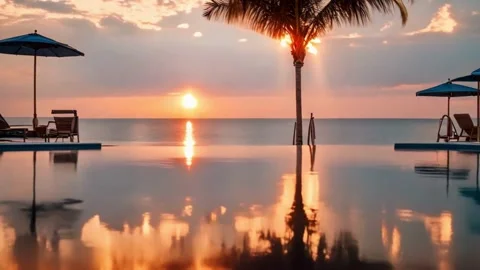 Sunset Over Pool With Umbrella Slow Motion Tracking Video stock 273996703