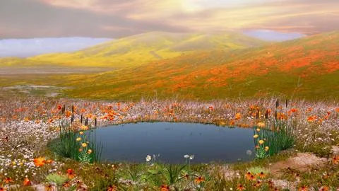 Sunset over the Poppy Fields Stock Photos