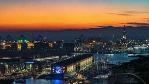 Sunset over the port of Genoa in time lapse Stock Footage 143593238