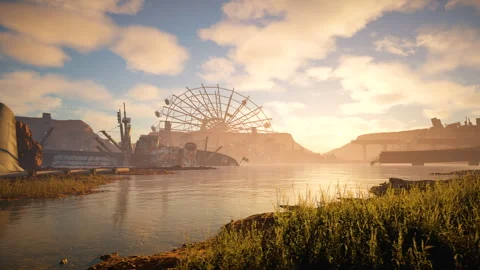 Sunset over a post-apocalyptic landscape with a ruined ferris wheel Stock Footage 318320639