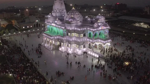 Sunset over Prem mandir, India, Vrindavan, 4k aerial drone ungraded Stock Footage 107753652