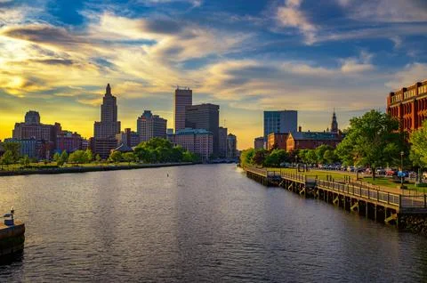 Sunset Over Providence River and Downtown Skyline, Rhode Island, USA Stock Photos