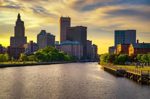 Sunset over Providence River and Downtown Skyline, Rhode Island, USA Stock Photos