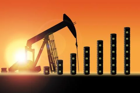 Sunset Over Pumpjack Silhouette and Oil Barrel Chart Stock Illustration