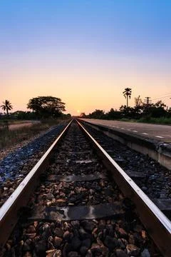 Sunset over railroad Stock Photos