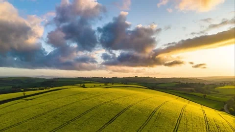 Sunset over Rapeseed fields and farms in Hyperlapse, Devon, England 動画素材 239987079