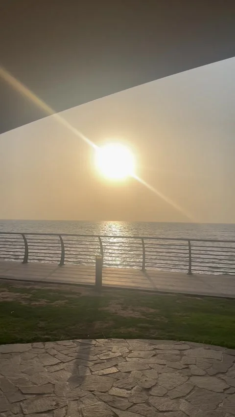 Sunset Over Red Sea with Seaside Promenade at Jeddah Corniche Stock Footage 342476906