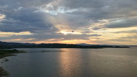 Sunset over Reservoir with Golden Reflection on Water Stock-Footage 345031422