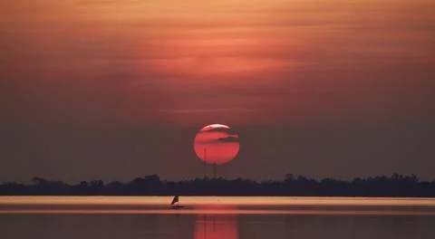 Sunset over reservoir. Fotos Stock