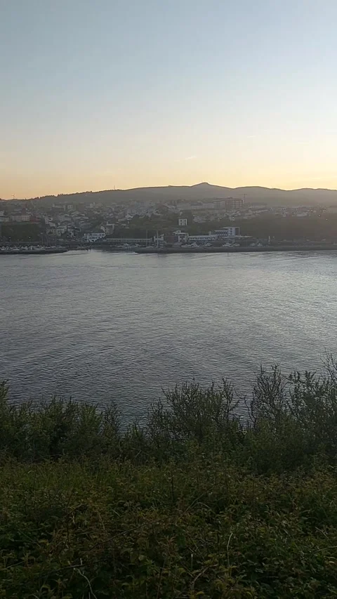 Sunset Over Ribadeo Town and Os Santos Bridge in Galicia Spain Vídeo Stock 339959548