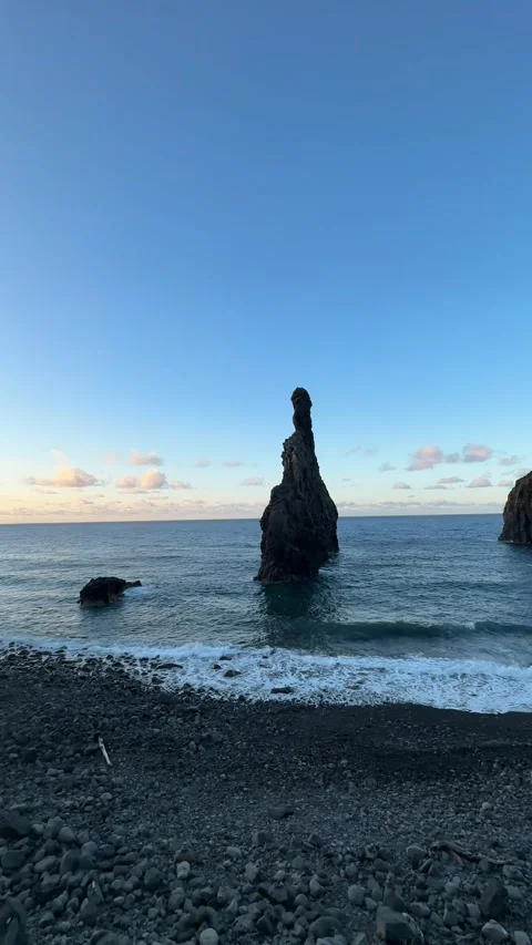 Sunset over Ribeira da Janela with iconic rock formations, Madeira Stock-Footage 296602599