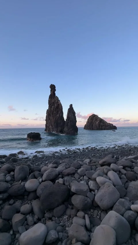Sunset over Ribeira da Janela with iconic rock formations, Madeira Stock Footage 296602637