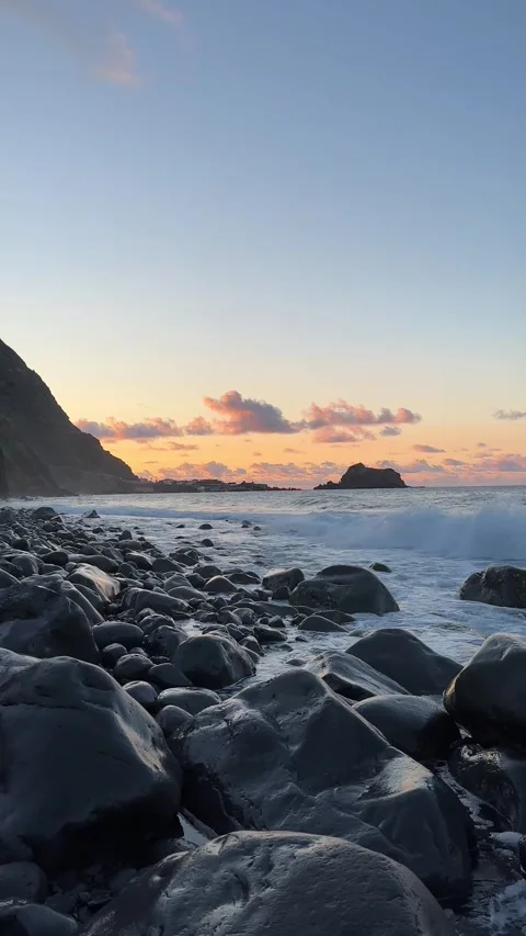 Sunset over Ribeira da Janela with iconic rock formations, Madeira Stock-Footage 296602706