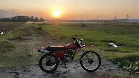 Sunset over the rice fields and the trail bike Stock Footage 219521065
