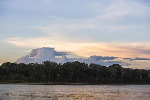 Sunset over river in Amazon Jungle of Peru, Tambopata National Reserve, Peru, Stock Photos