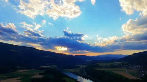 Sunset over river and fields Stock Footage 312234936