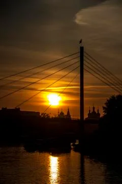 Sunset over the river Stockfoto's