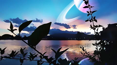 Sunset over river on satellite of gas giant Vídeos de archivo 163075393