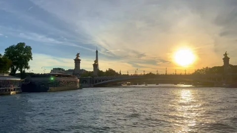 Sunset over River Seine in Paris Stock Footage 250058745