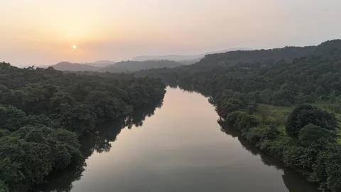 Sunset over river from the sky Stock Photos