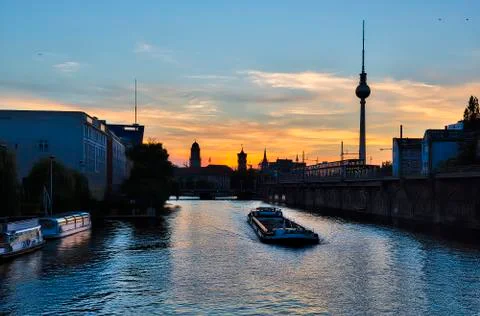 Sunset over the river Spree in Berlin Stock Photos