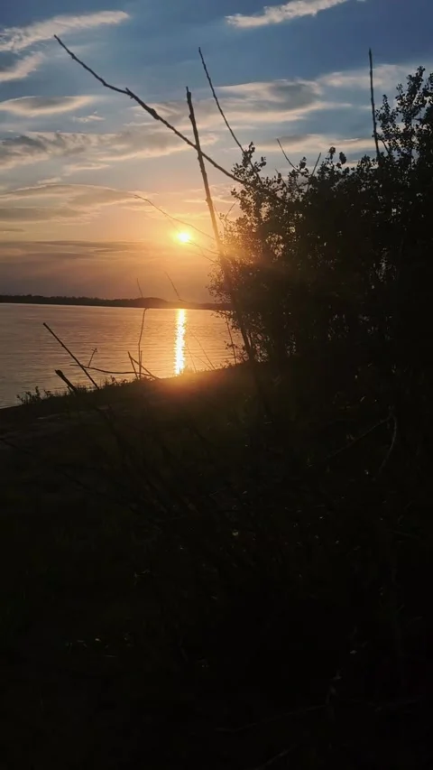 Sunset over the river, the Volga, the sun is setting, grass, greenery Stock Footage 312004953