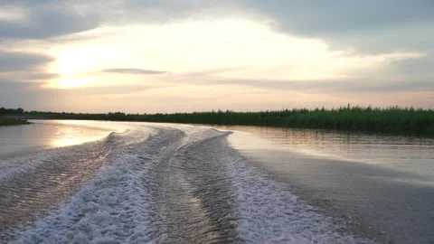 Sunset over river with water wake, motion and tranquil nature landscape Stock Footage 320402265