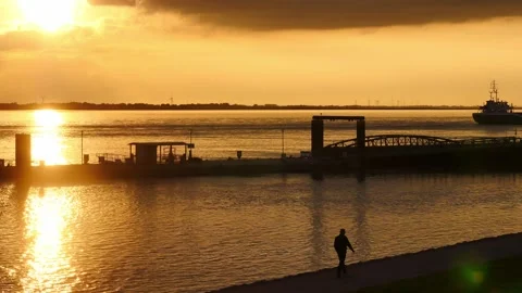 Sunset over the river Weser Stock Footage 346131165
