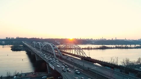Sunset over the road bridge in Kiev Stock Footage 112150910