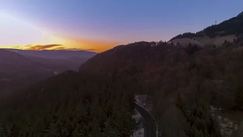 Sunset over road through autumn forest Stock-Footage 69903661