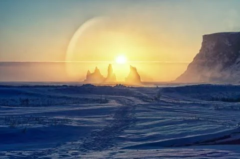 Sunset over the rock formations at Vik Stock Photos