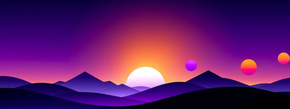 Sunset over rolling hills with multiple moons, vibrant purple sky, serene l.. Stock Illustration