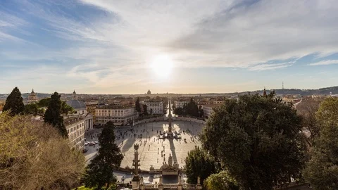 Sunset over Rome - View from Pincio over Piazza del Popolo - Timelapse 4K 30p Stock Footage 125601241