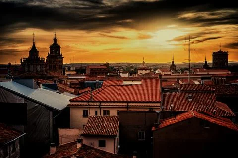 Sunset over the rooftops of the medieval town of Teruel, Spain Stock Photos