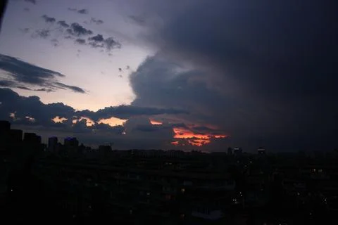Sunset over rooftops in Obolon district, Kyiv. 1129 Stock Photos