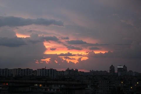 Sunset over rooftops in Obolon district, Kyiv. 1130 Stock Photos