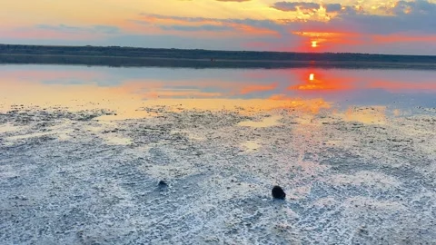 Sunset Over Salt Lake With Mirror Reflection Stock Footage 341756008