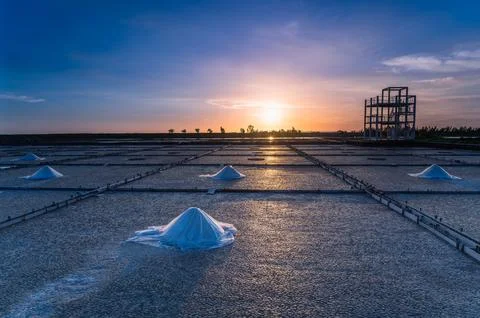 Sunset Over Salt Pans at Beimen Salt Field in Tainan Taiwan. Stock Photos