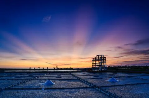 Sunset Over Salt Pans at Beimen Salt Field in Tainan Taiwan. Stock Photos