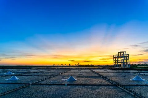 Sunset Over Salt Pans at Beimen Salt Field in Tainan Taiwan. Stock Photos