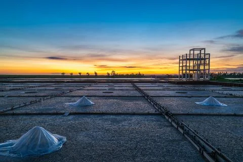 Sunset Over Salt Pans at Beimen Salt Field in Tainan Taiwan. Stock Photos