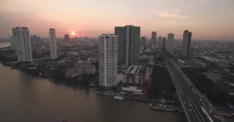 Sunset Over Saphan Thaksin Bridge On Chao Phraya River, Bangkok, Thailand, Stock Footage 79298164
