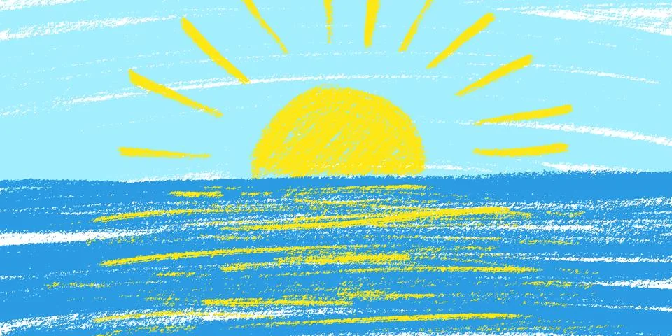 Sunset over sea background. Crayon kid landscape with sunset over sea. Vect.. Stock Illustration