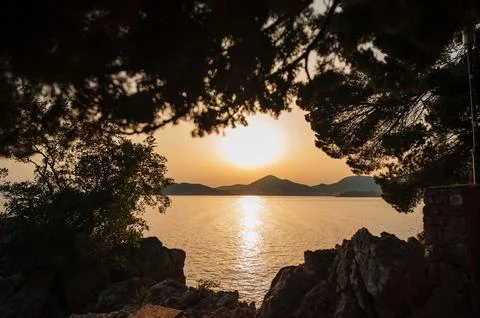 Sunset Over Sea Framed by Trees and Rocks Stock Photos